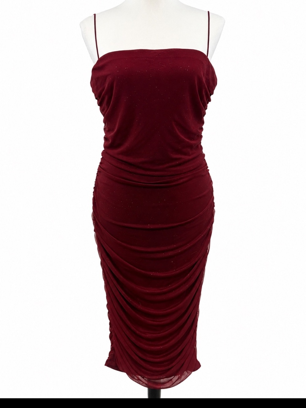 B. Darlin Burgundy Glitter Mesh Ruched Midi Dress XL Y2K Party Bodycon